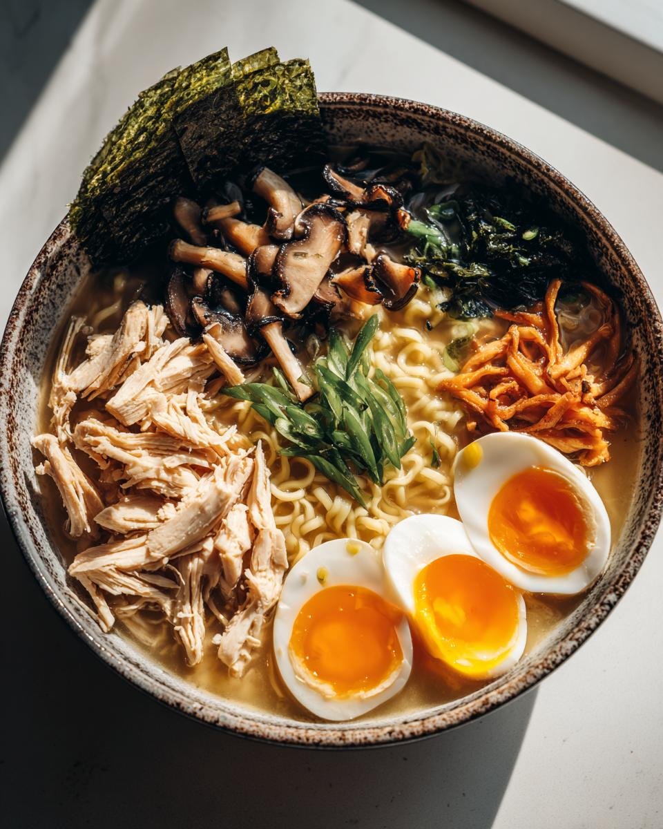 Top-down view of a bowl of Nourishing Homemade Chicken Ramen topped with shredded chicken, soft-boiled eggs, and mushrooms.
