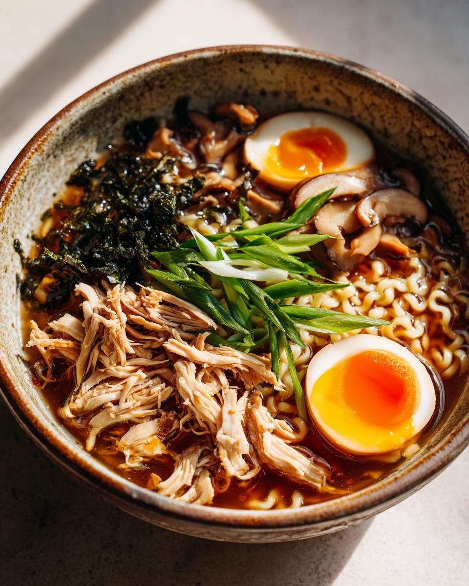 Close-up of a bowl of Nourishing Homemade Chicken Ramen topped with shredded chicken, soft-boiled egg, and scallions.