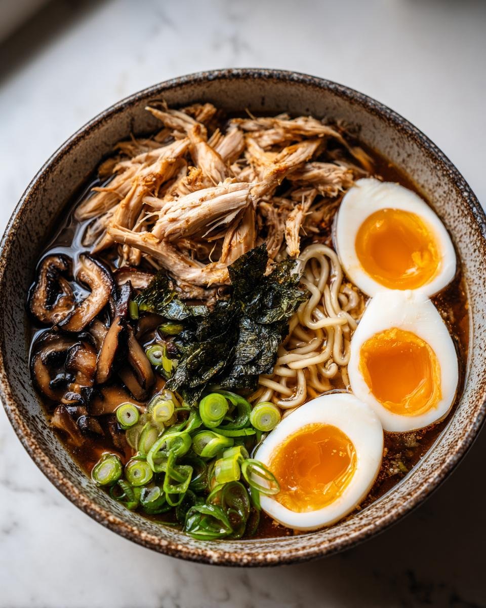 Close-up of a bowl of Nourishing Homemade Chicken Ramen topped with shredded chicken, soft-boiled eggs, and green onions.