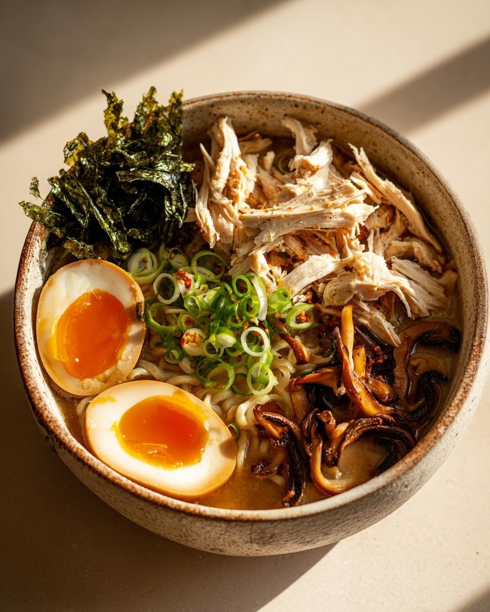 Close-up of a bowl of Nourishing Homemade Chicken Ramen topped with shredded chicken, ramen eggs, seaweed, and scallions.
