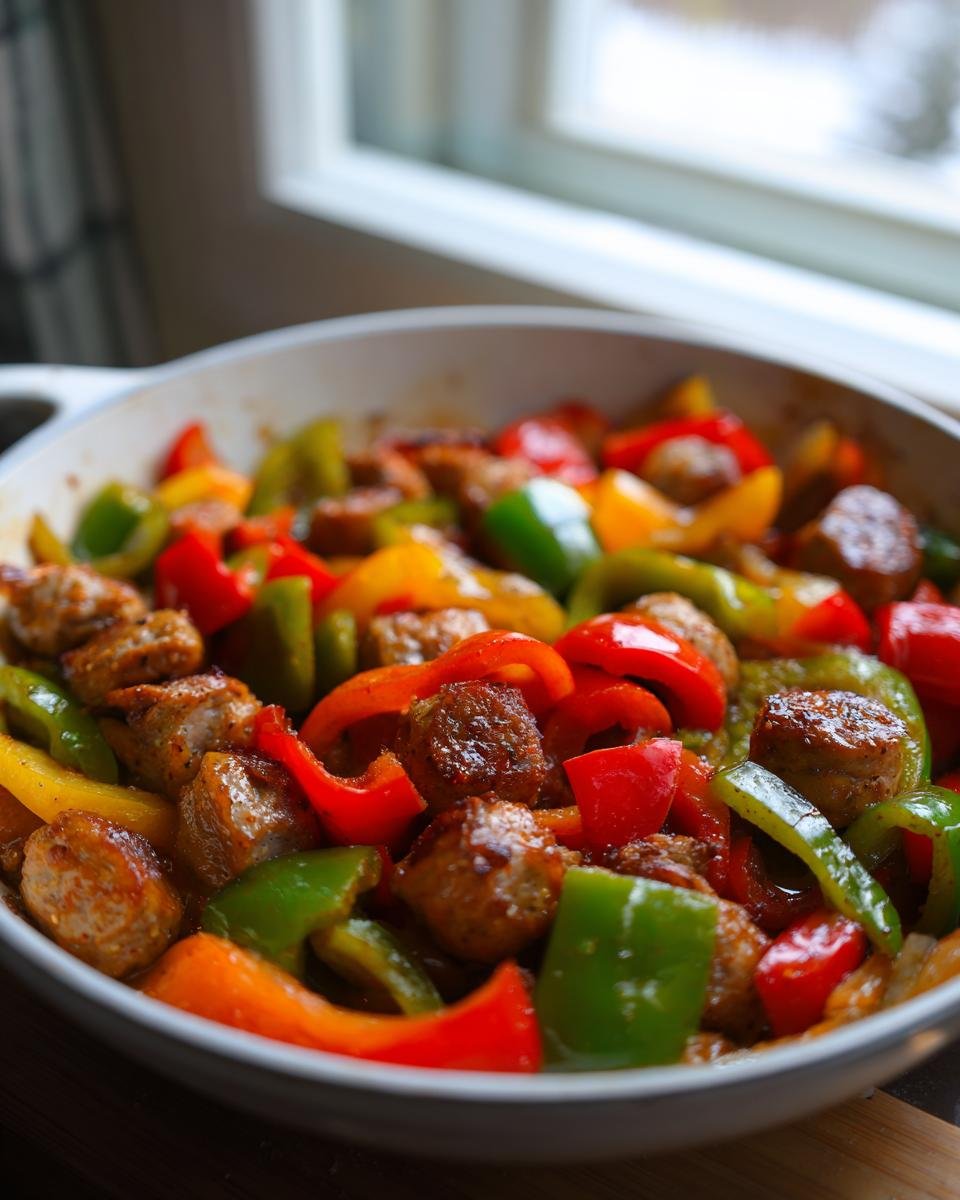 Close-up of colorful Chicken Sausage Bell Peppers dish cooking in a white skillet near a window.