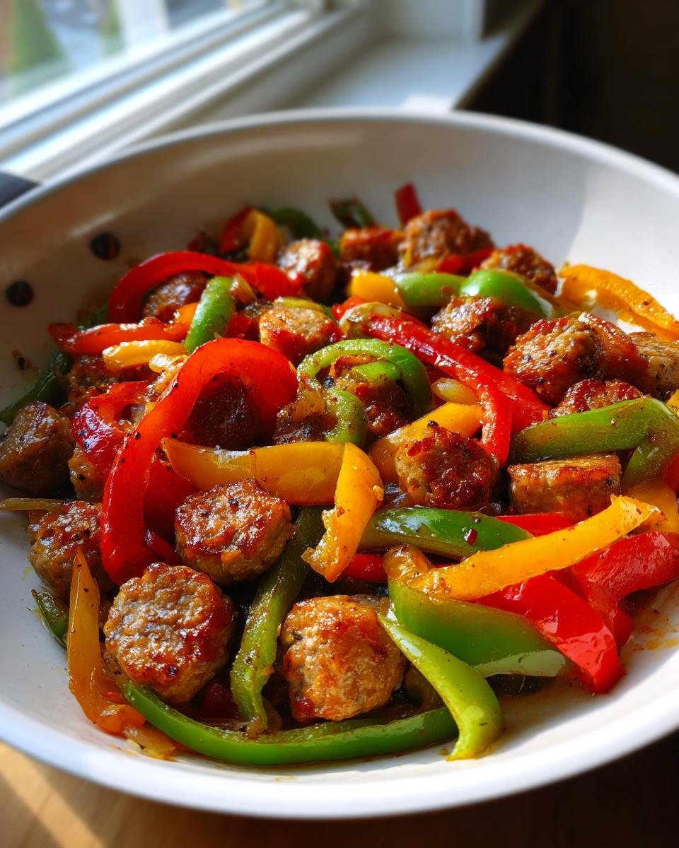 Close-up of pan-fried Chicken Sausage Bell Peppers featuring colorful red, green, and yellow peppers mixed with browned sausage slices.