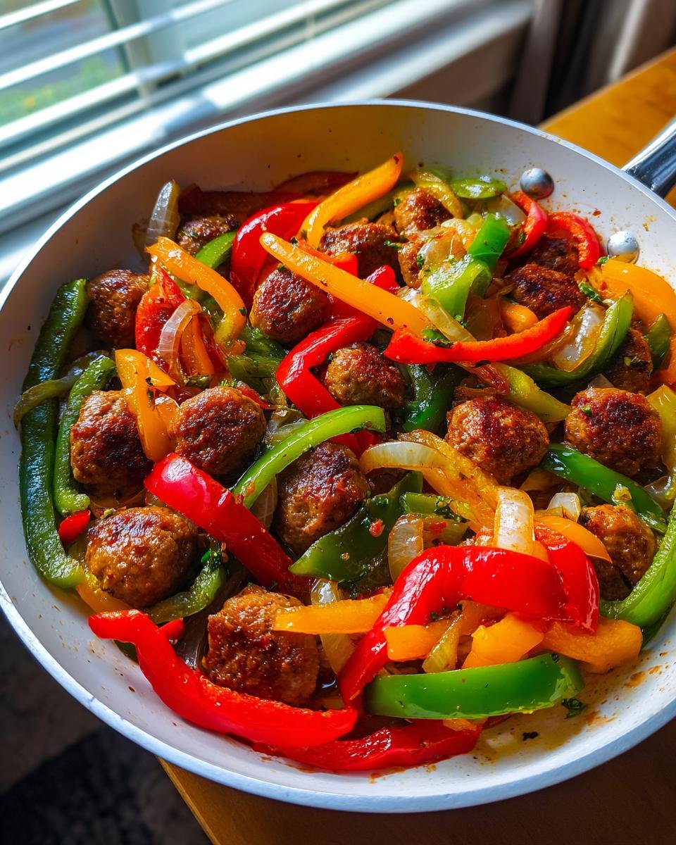 Close-up of browned chicken sausage mixed with sliced red, yellow, and green bell peppers and onions in a white skillet.