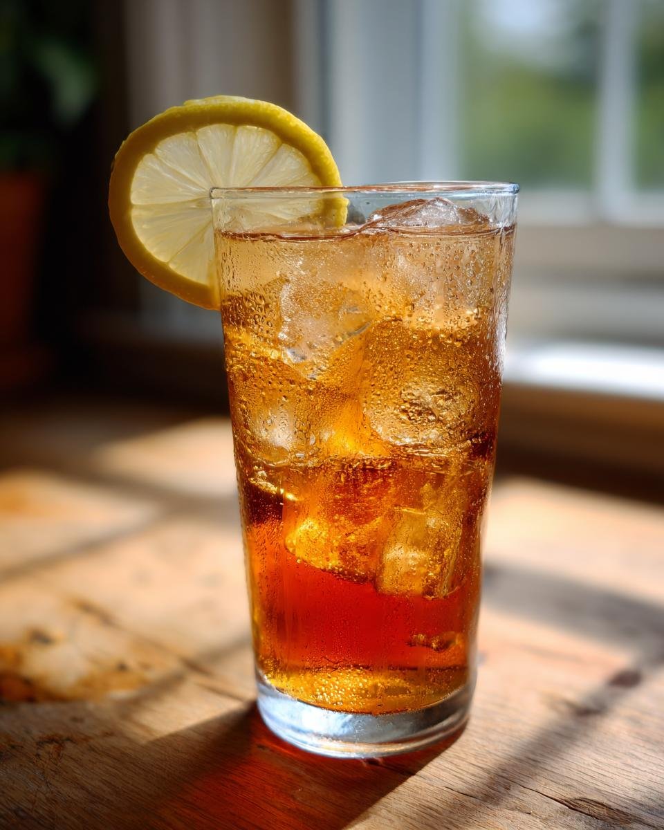 A tall glass filled with ice and cold Orchids Sweet Tea, garnished with a lemon slice.