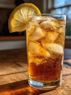 A tall glass filled with ice and dark Orchids Sweet Tea, garnished with a lemon slice, sitting on a sunlit wooden table.