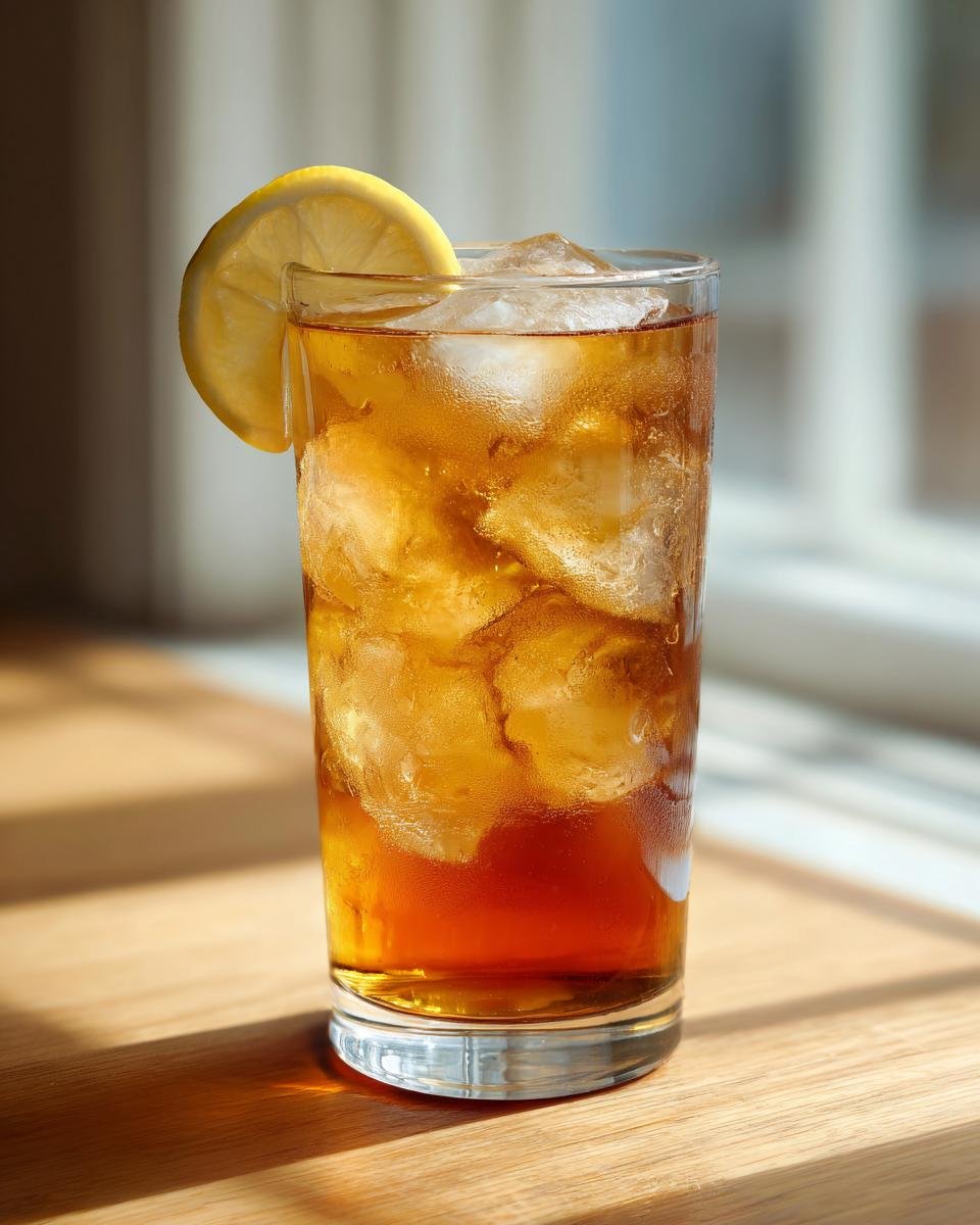 A tall glass filled with ice and refreshing Orchids Sweet Tea, garnished with a lemon slice.