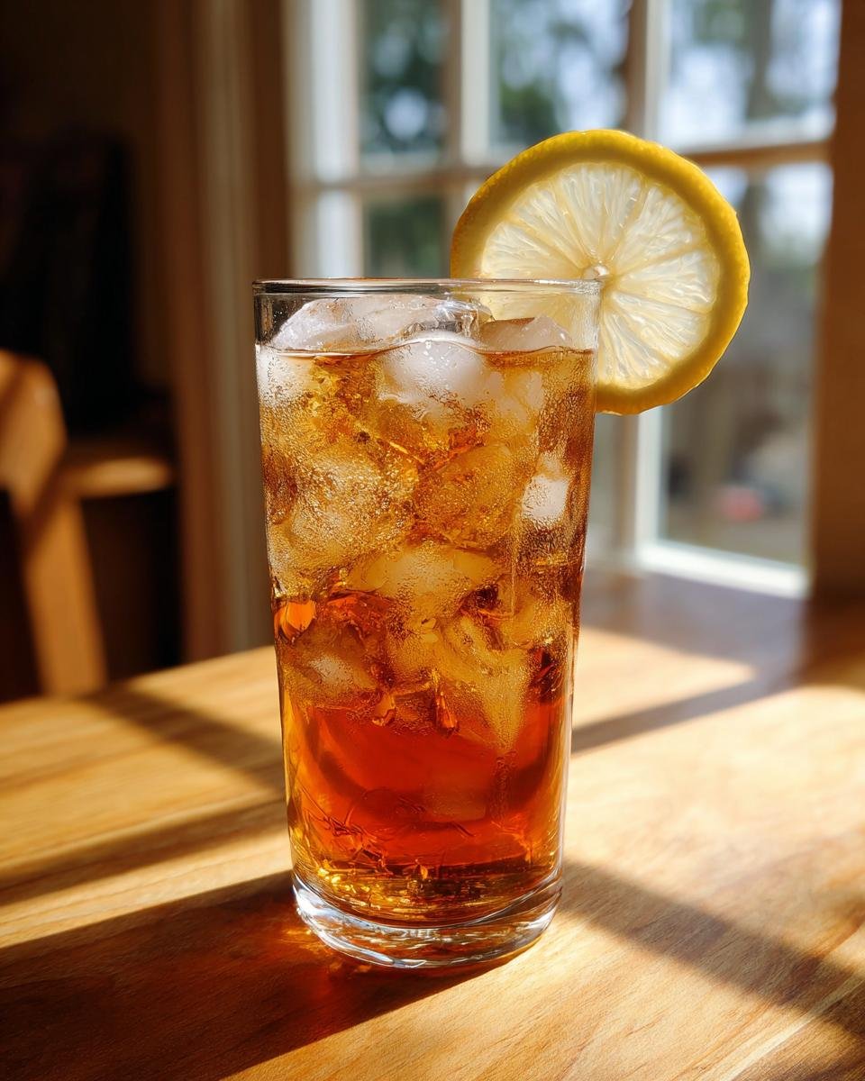 A tall glass filled with iced Orchids Sweet Tea, garnished with a bright lemon slice, sitting on a sunlit wooden table.