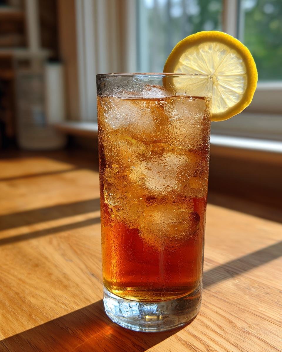 A tall glass of cold Orchids Sweet Tea filled with ice and garnished with a bright lemon slice, sitting on a wooden table.