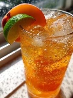 Close-up of a bubbly Peachy Ginger Beer Mocktail garnished with a fresh peach slice and lime wedge.