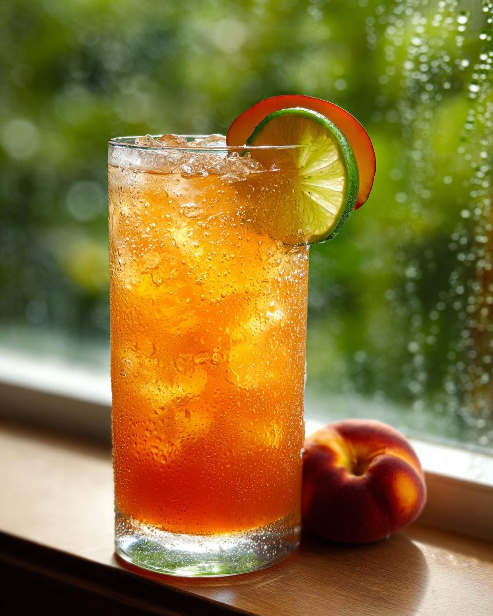 A tall glass filled with an icy, orange Peachy Ginger Beer Mocktail, garnished with lime and peach slices.