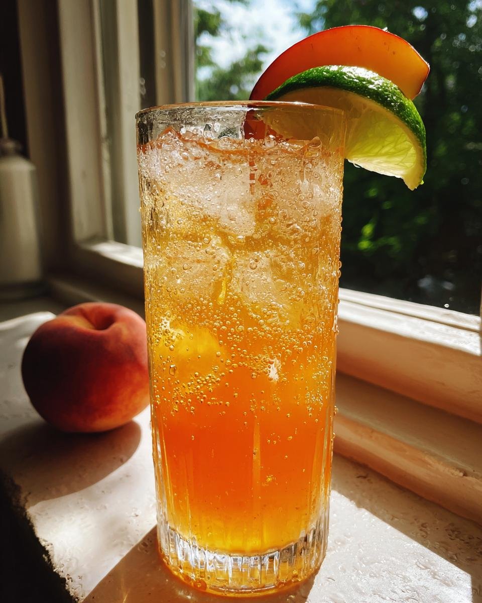 A tall glass filled with a bubbly, orange Peachy Ginger Beer Mocktail, garnished with peach and lime slices.