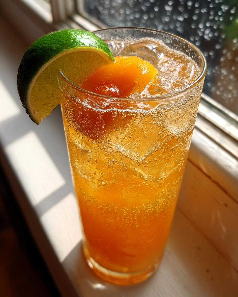 A tall glass filled with a bubbly, orange Peachy Ginger Beer Mocktail, garnished with a peach slice and a lime wedge.