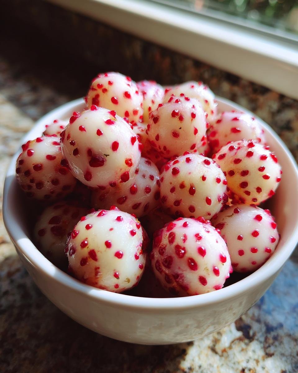 A close-up of several white pineberries with distinct red seeds piled in a small white bowl.