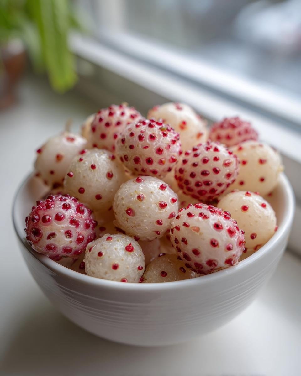 A white bowl filled with ripe pineberries, showcasing their white flesh and prominent red seeds.