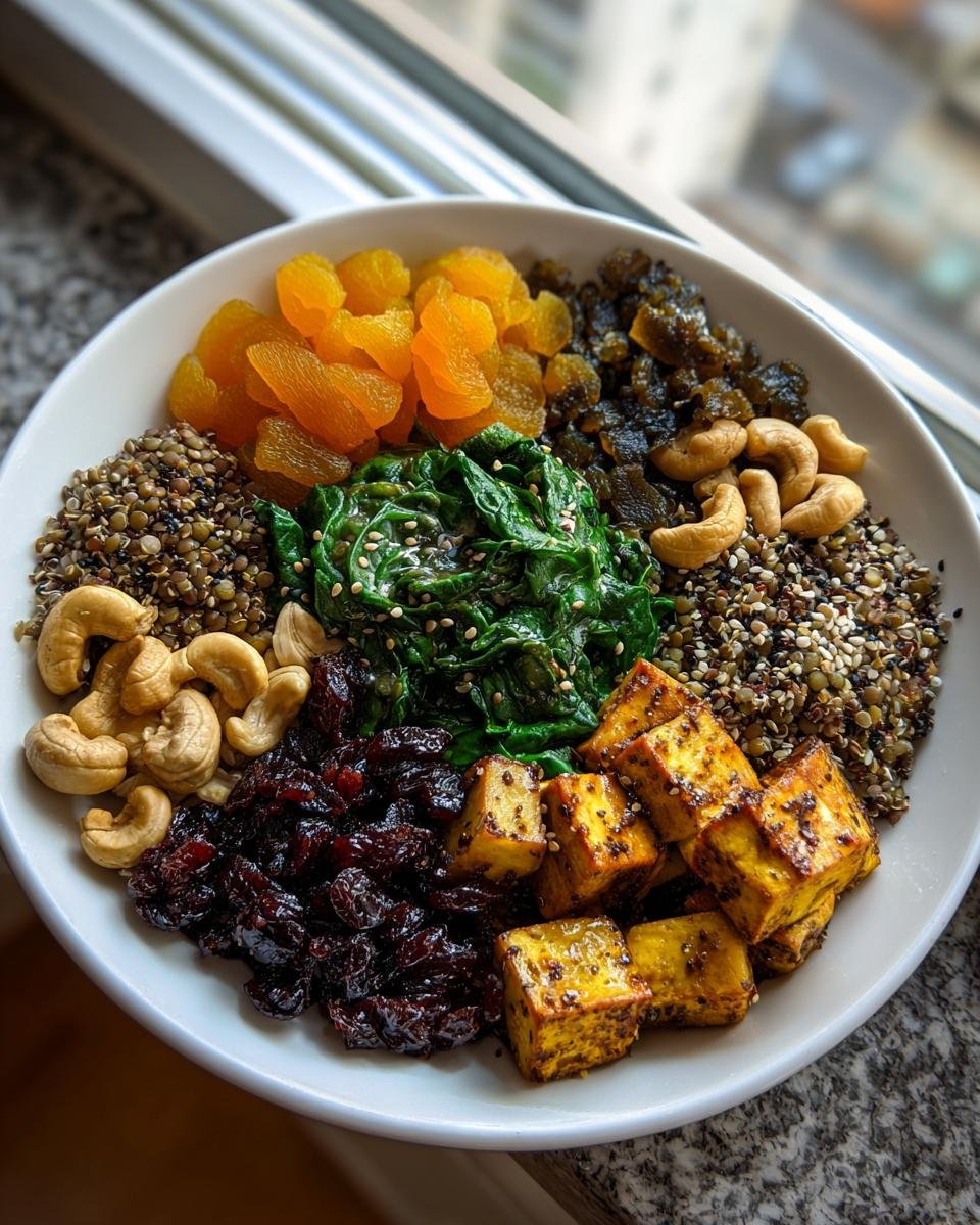 A bowl featuring 10 plant based foods loaded with iron, including tofu, spinach, lentils, and dried fruit.
