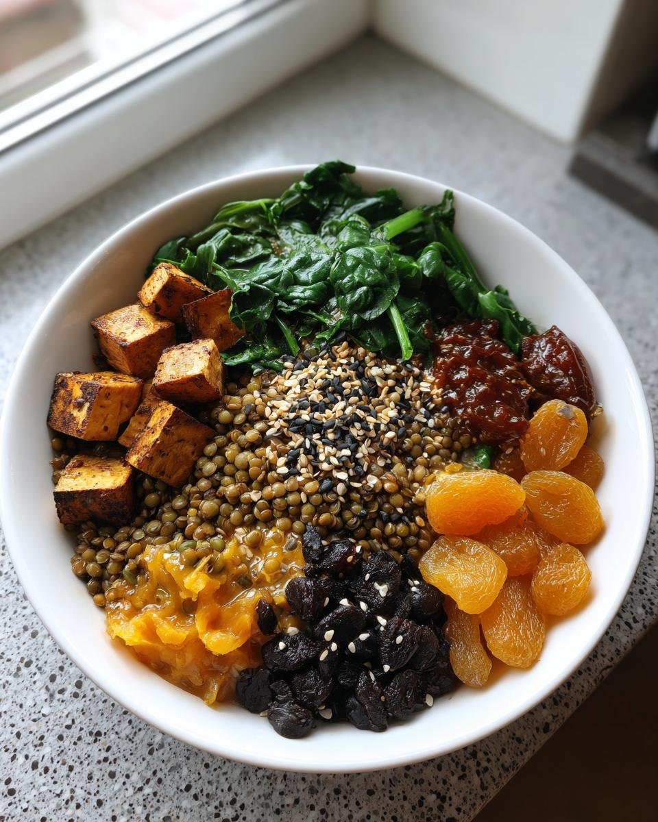 A vibrant bowl featuring iron-rich foods: seasoned tofu, lentils, spinach, dried fruits, and seeds.