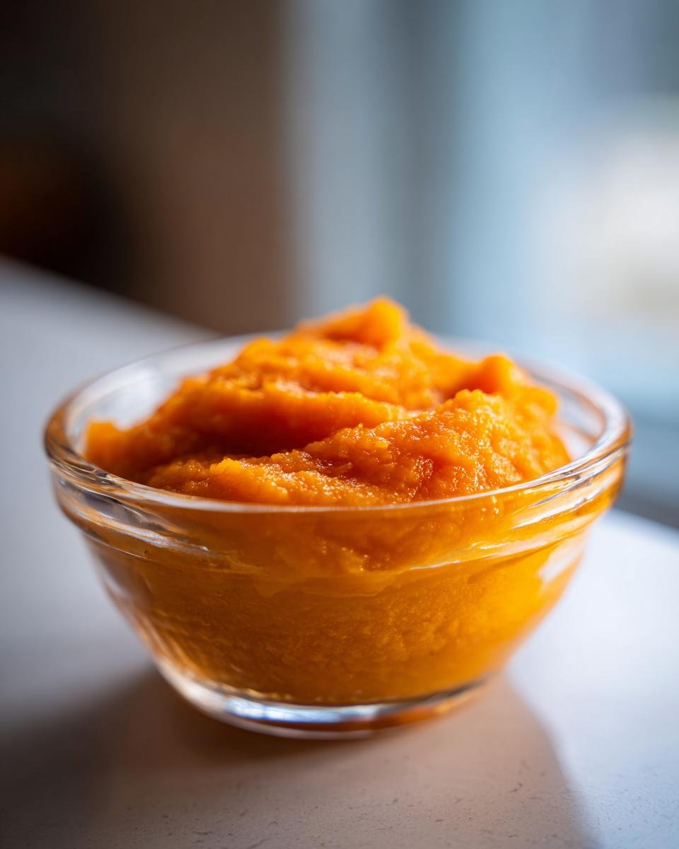 A small glass bowl filled with vibrant orange pumpkin puree, perfect for 20 pumpkin recipes.