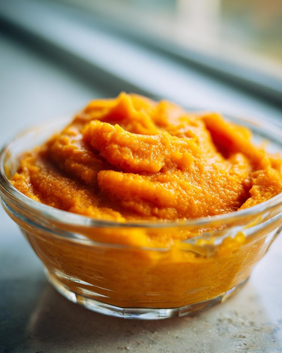 Close-up of bright orange homemade pumpkin puree in a small glass bowl, perfect for 20 pumpkin recipes.