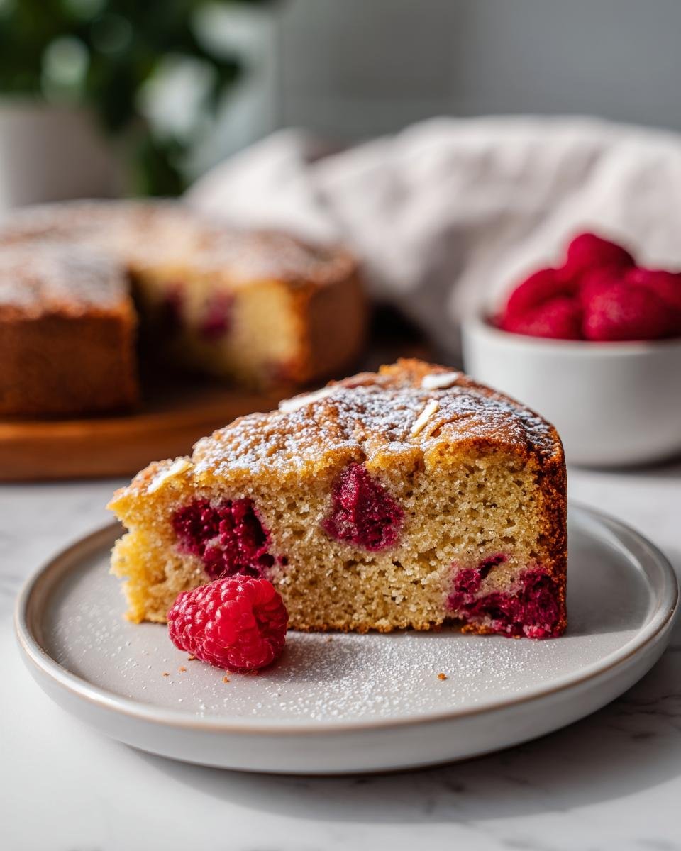 A close-up of a slice of Raspberry Almond Cake Recipe, studded with bright raspberries and dusted with powdered sugar.