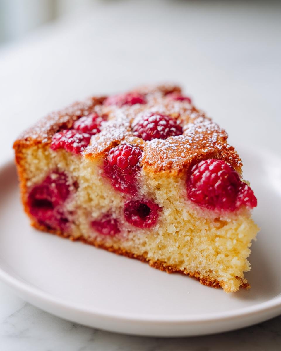 A close-up slice of moist Raspberry Almond Cake topped with fresh raspberries and powdered sugar.