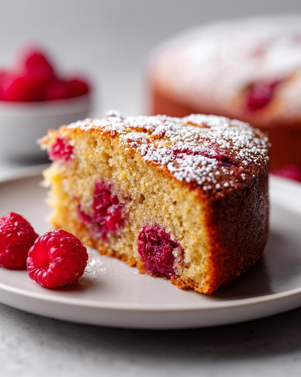 Close-up of a slice of moist Raspberry Almond Cake topped with powdered sugar, with fresh raspberries beside it.