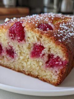 Close-up of a slice of moist Raspberry Almond Cake, studded with bright raspberries and dusted with powdered sugar.