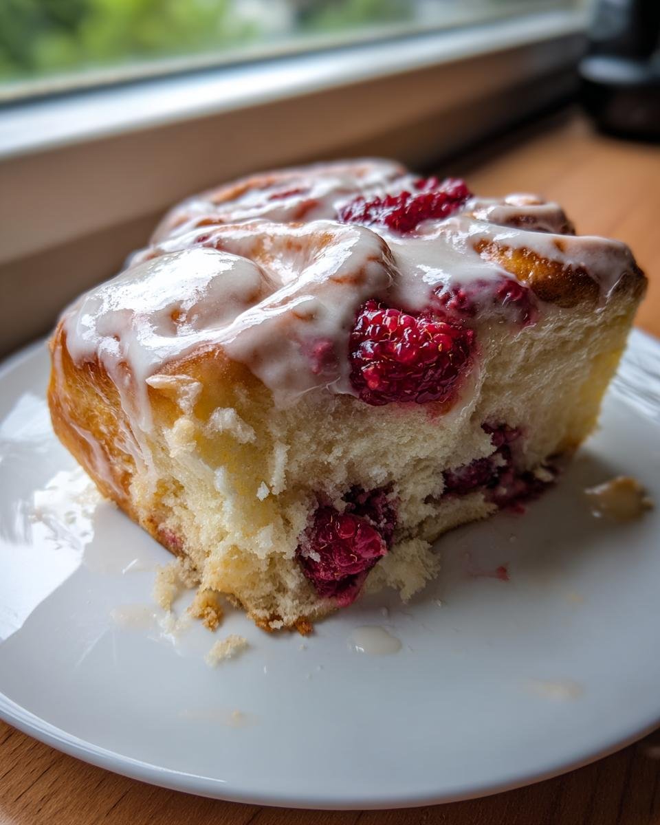 A close-up of a soft, fluffy piece of Raspberry Cinnamon Rolls topped with white glaze and fresh raspberries.