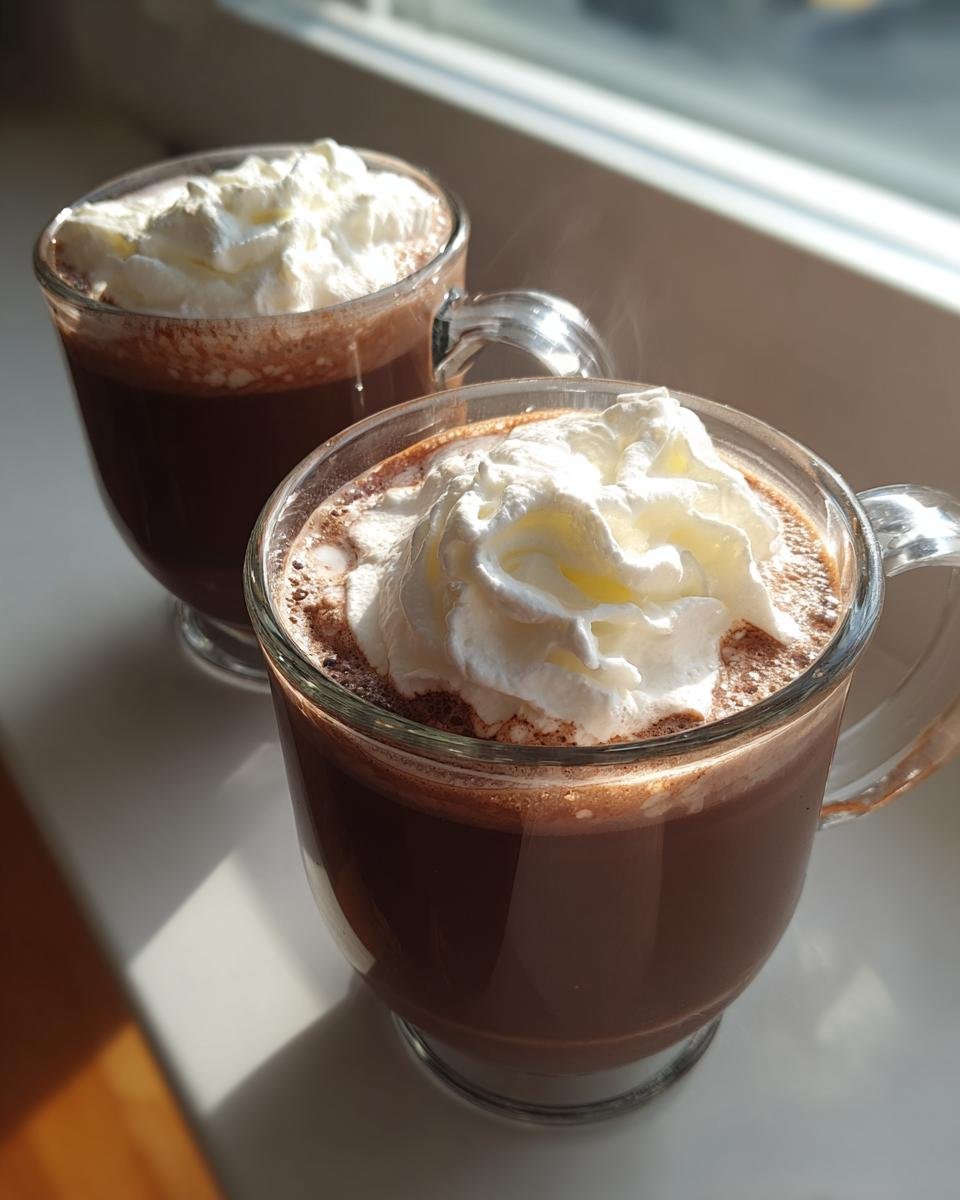 Two clear glass mugs filled with steaming Red Wine Hot Chocolate, topped generously with whipped cream, sitting by a sunny window.