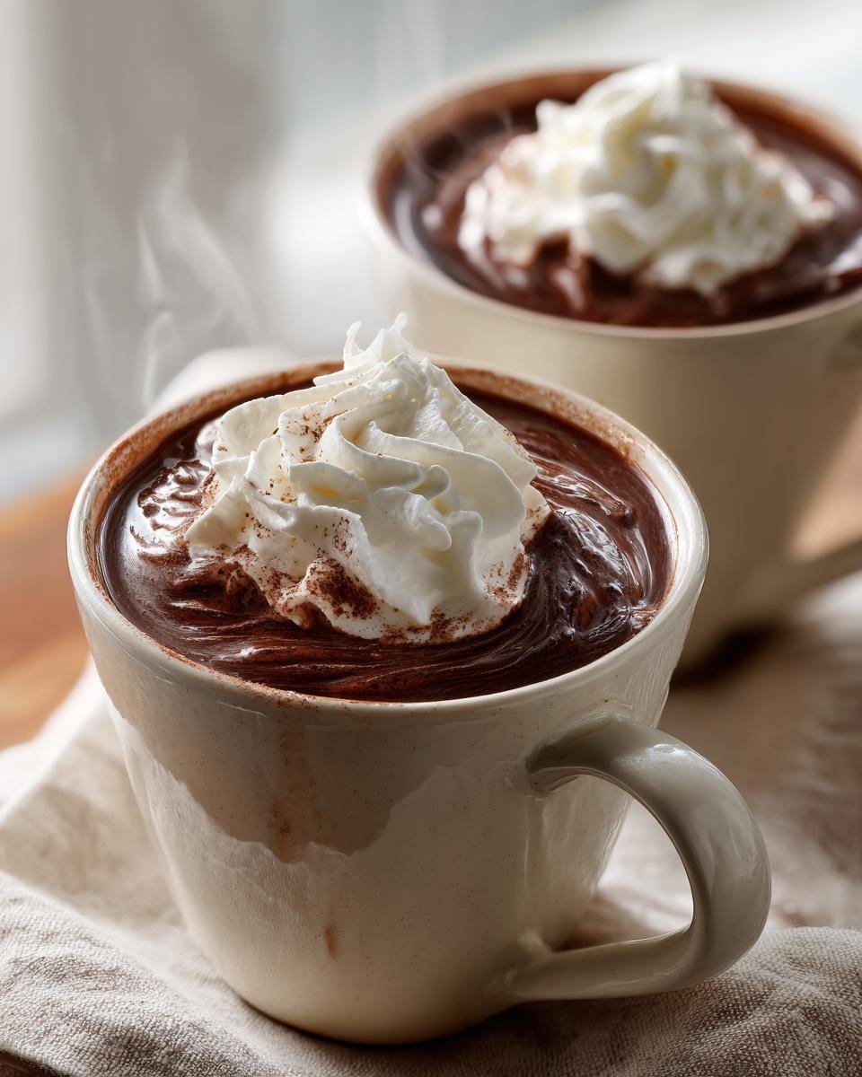 Two mugs of rich, dark Red Wine Hot Chocolate topped with generous swirls of whipped cream and cocoa dust.