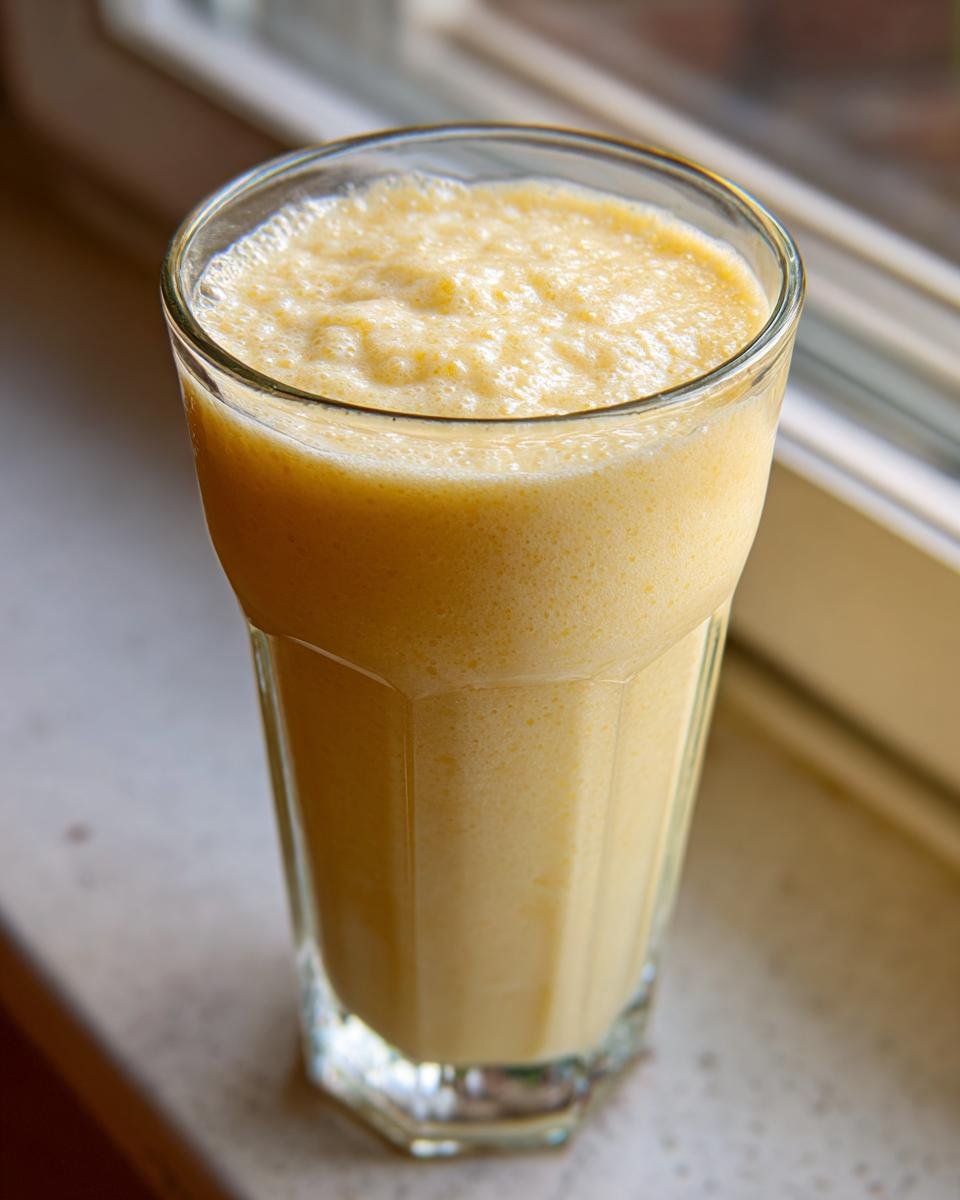 A tall glass filled with a thick, pale yellow, Refreshing Banana Smoothie recipe, sitting near a window.