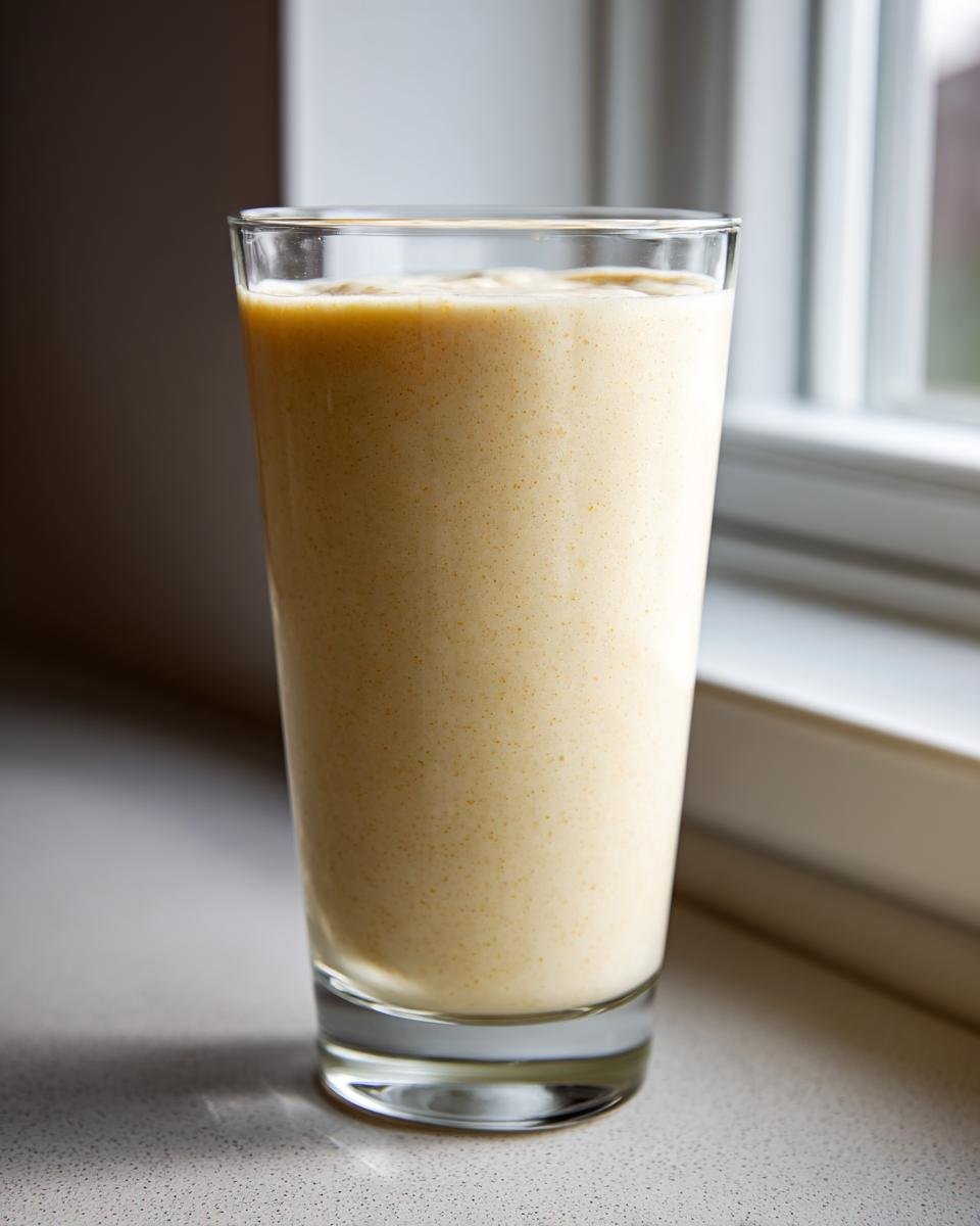 A tall glass filled with a creamy, light yellow Refreshing Banana Smoothie Recipe sitting by a window.