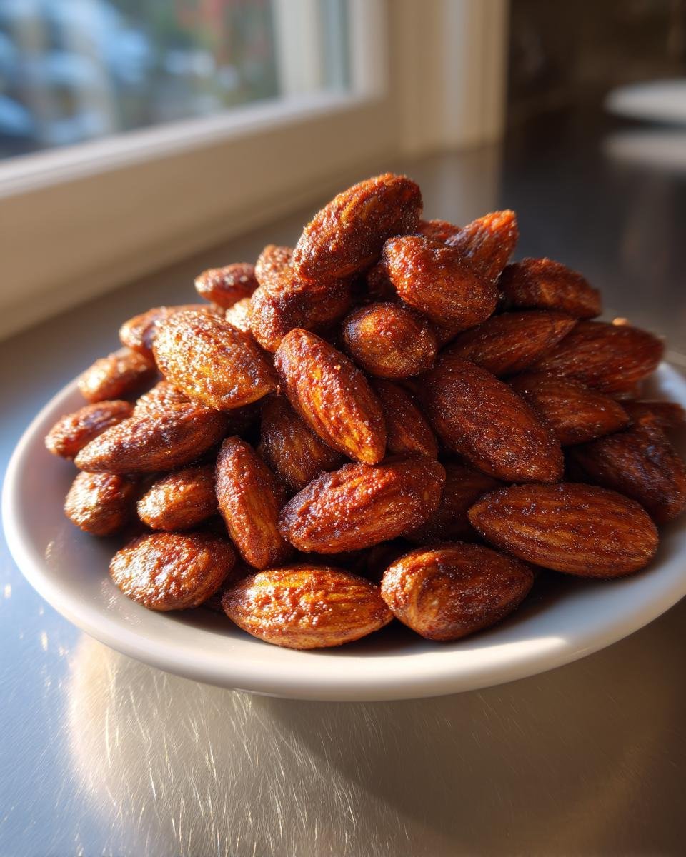 A close-up of a small white bowl overflowing with freshly made Roasted Cinnamon Almonds Recipe.