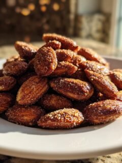 A pile of freshly Roasted Cinnamon Almonds coated in sugar and spice, resting on a white plate.