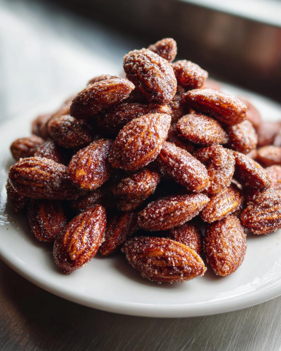 A close-up pile of freshly made Roasted Cinnamon Almonds Recipe coated in sugar and spice on a white plate.