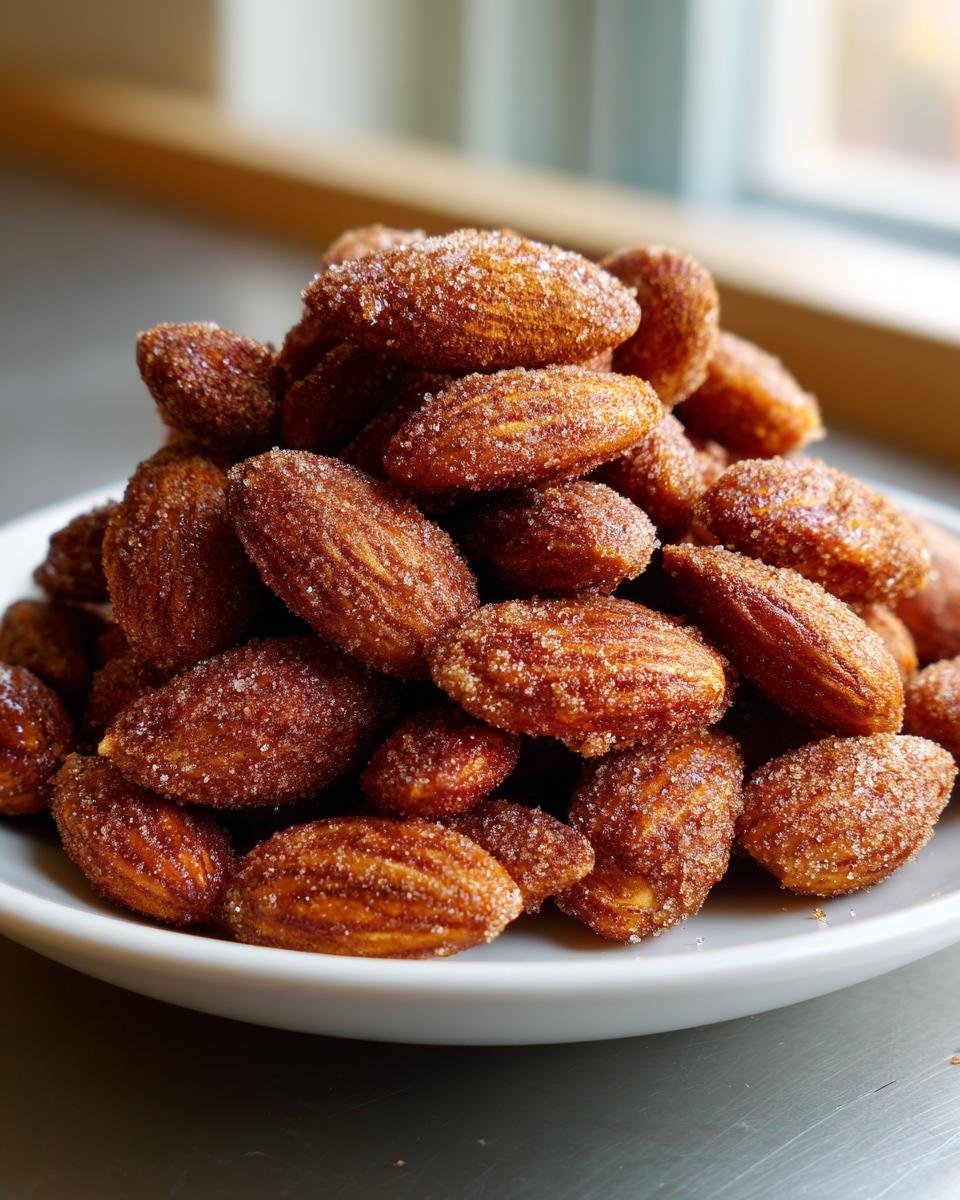 A close-up pile of freshly Roasted Cinnamon Almonds Recipe coated in sparkling sugar and spice.