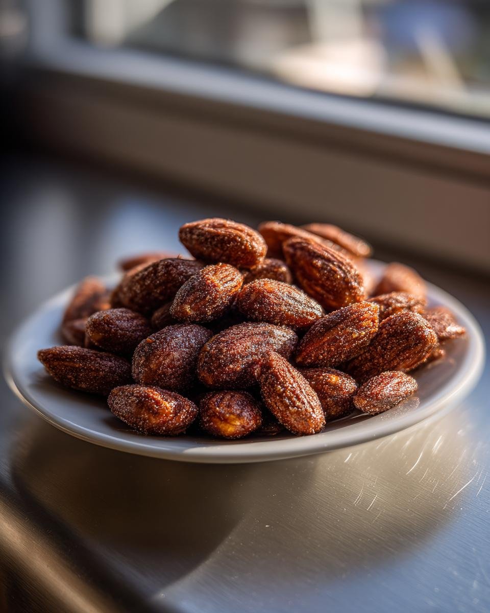 A small white plate piled high with freshly Roasted Cinnamon Almonds Recipe, glistening under natural light.