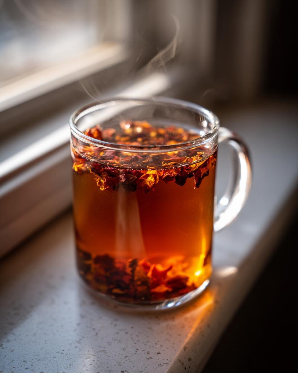 Close-up of hot Roasted Dandelion Strawberry Tea steeping in a clear glass mug, showing floating bits of dried ingredients.
