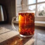 Close-up of hot Roasted Dandelion Strawberry Tea steeping in a clear glass mug on a sunlit countertop.