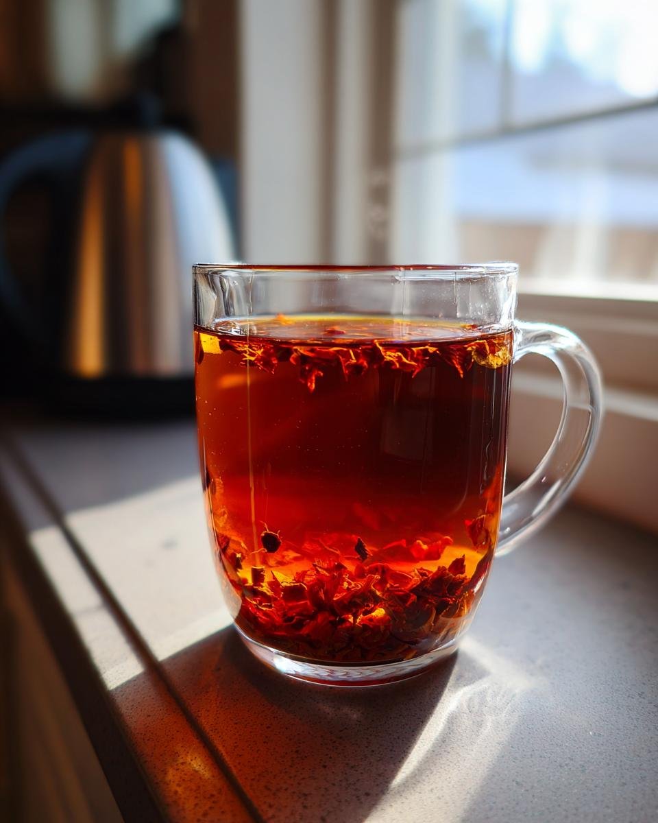 A clear glass mug filled with dark amber Roasted Dandelion Strawberry Tea steeping on a counter near a window.