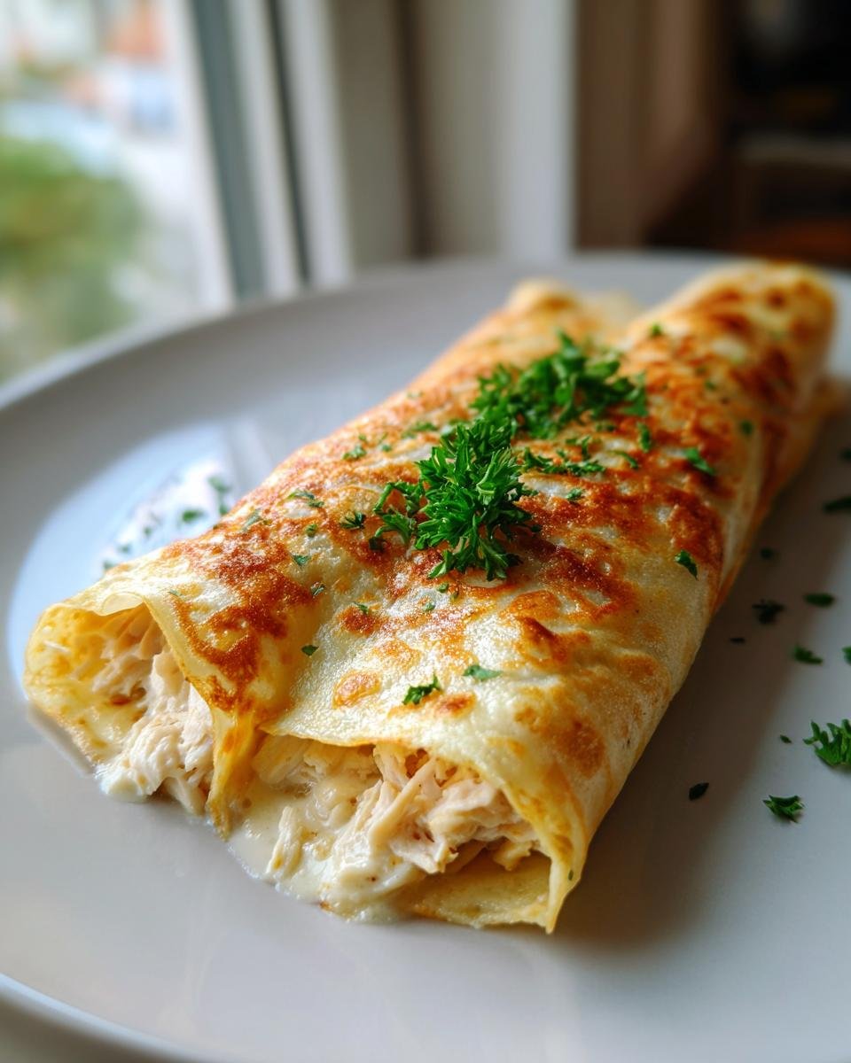 A rolled savory crepe filled with creamy shredded chicken, garnished with fresh parsley, part of a Chicken Crepes Recipe.