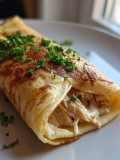 A close-up of a savory rolled Chicken Crepes Recipe filled with shredded chicken and sauce, topped with fresh parsley.