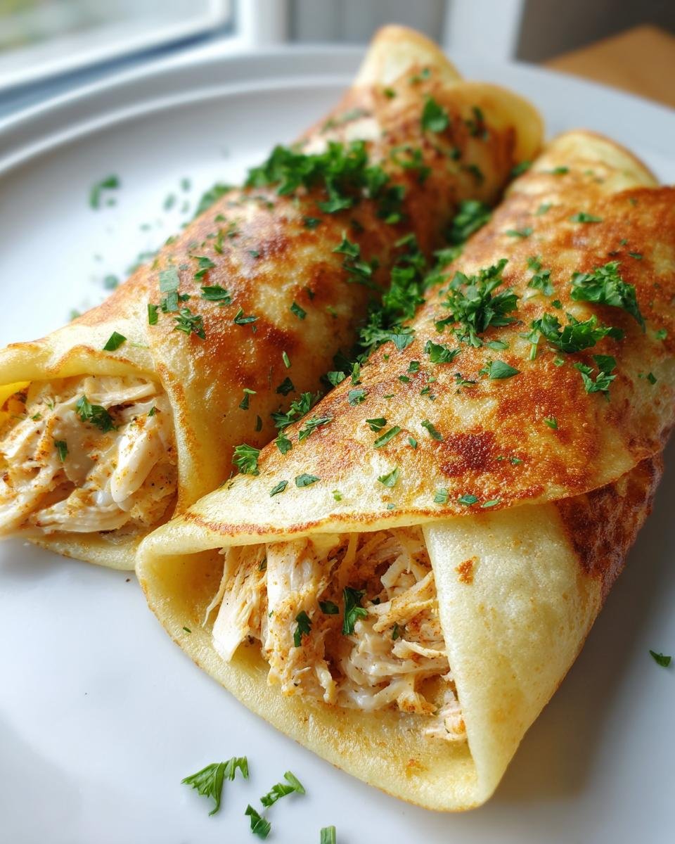 Two golden-brown savory Chicken Crepes Recipe rolls filled with shredded chicken, garnished with fresh parsley.
