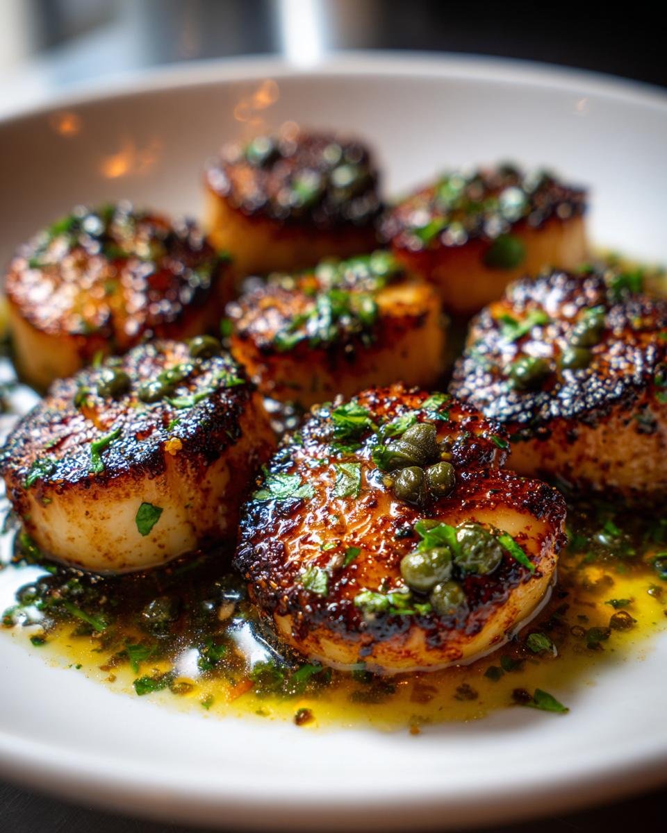 Close-up of perfectly seared scallops swimming in a rich butter lemon and caper sauce, garnished with fresh herbs.