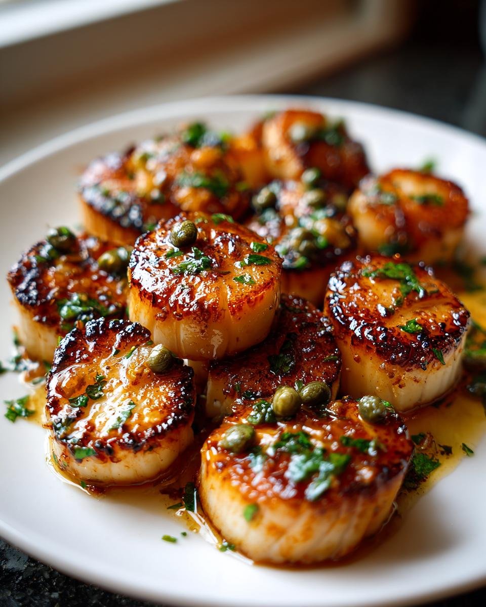 Perfectly seared scallops served on a white plate, covered in a rich butter lemon and caper sauce and fresh parsley.