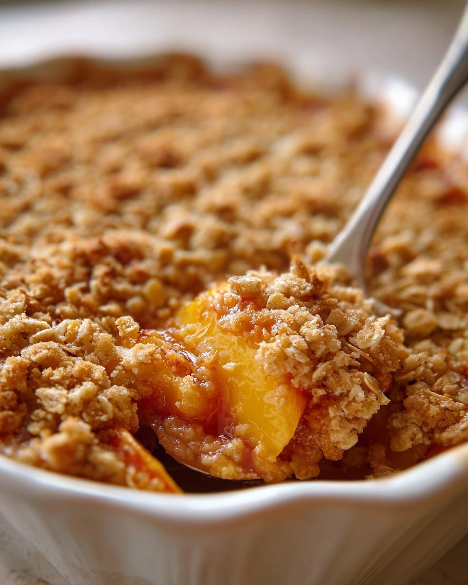 A spoonful of warm Cinnamon Peach Crumble showing juicy peaches and crunchy oat topping.