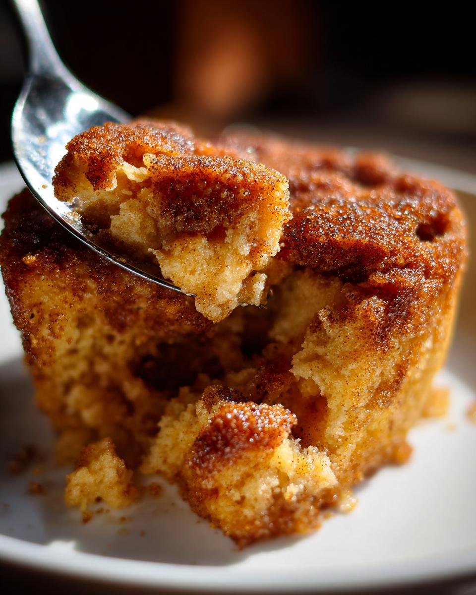 A spoonful of moist Snickerdoodle Cobbler topped with sparkling cinnamon sugar being lifted from the main dessert.