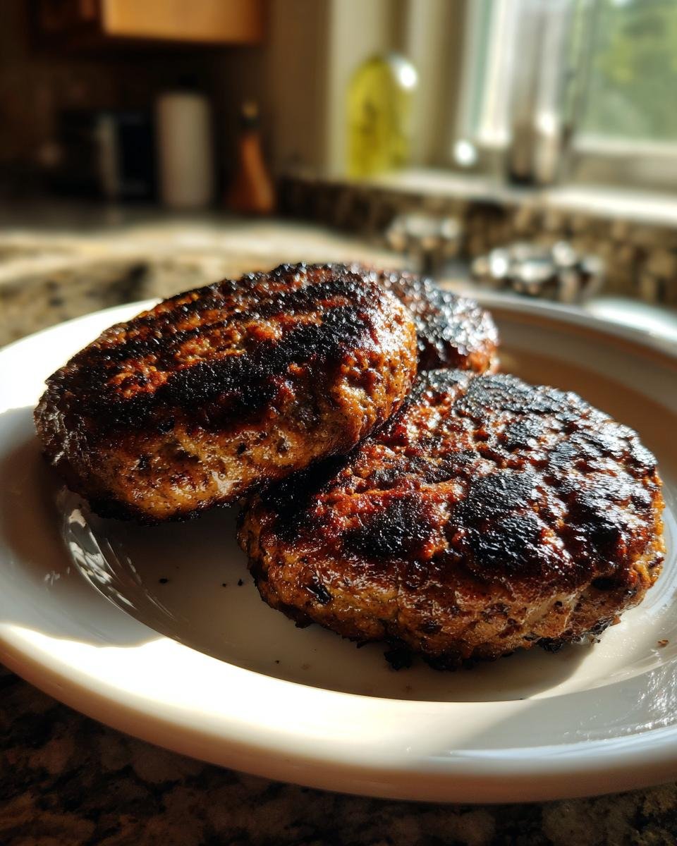 Three freshly grilled, well-seared patties ready for the Best Veggie Burger Recipe, resting on a white plate.