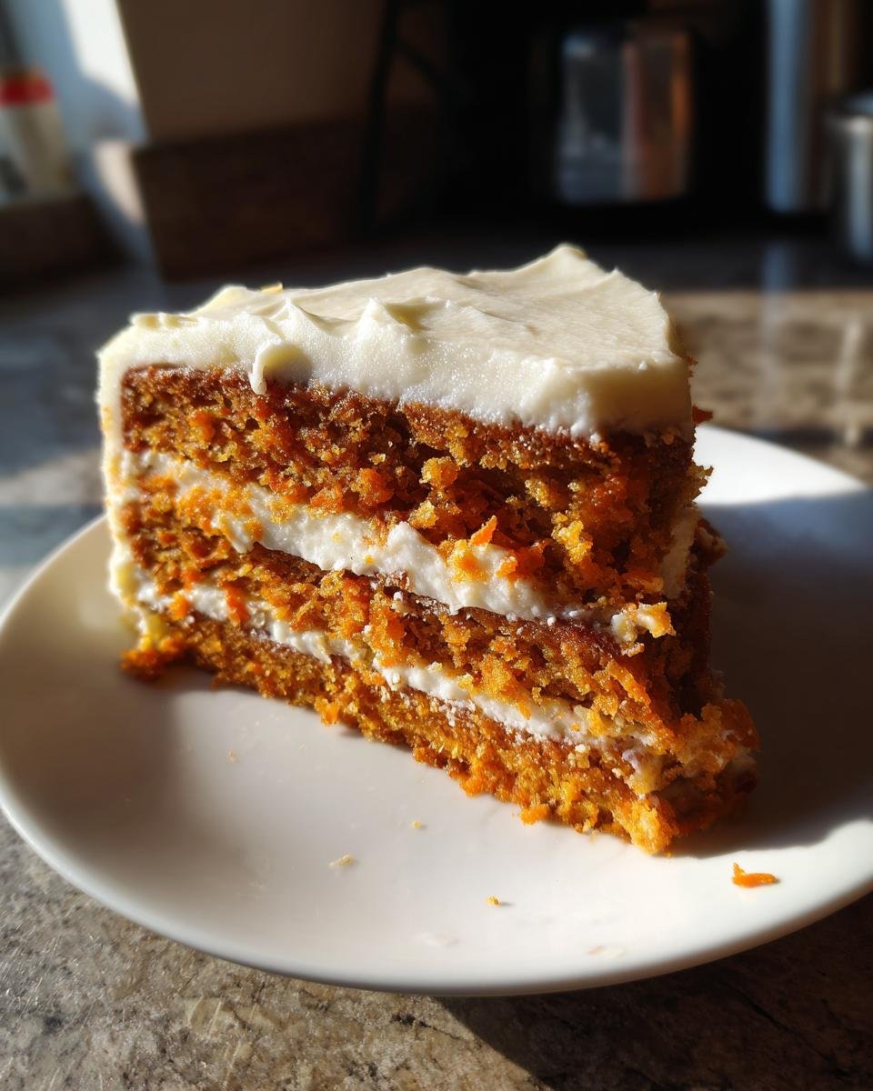 A tall, moist slice of Carrot Cake With Maple Cream Cheese Frosting showing two layers of cake and frosting.
