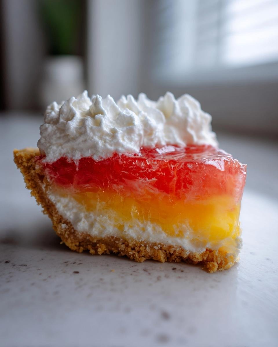 Close-up of a slice of vibrant Easter Jell O Pie showing graham cracker crust, cream layer, and layered red and yellow gelatin.