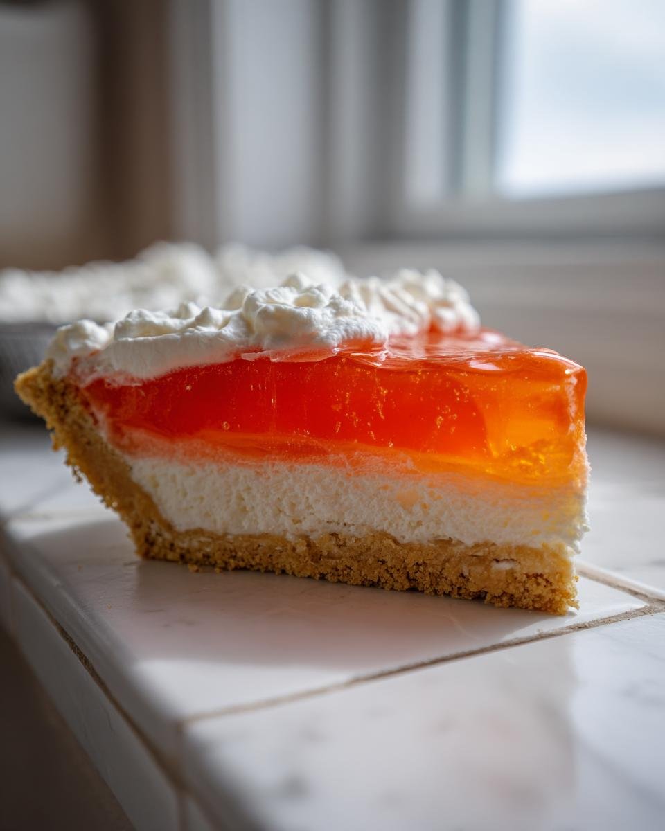 A close-up slice of layered Easter Jell O Pie featuring a graham cracker crust, white filling, and bright orange gelatin layer topped with whipped cream.